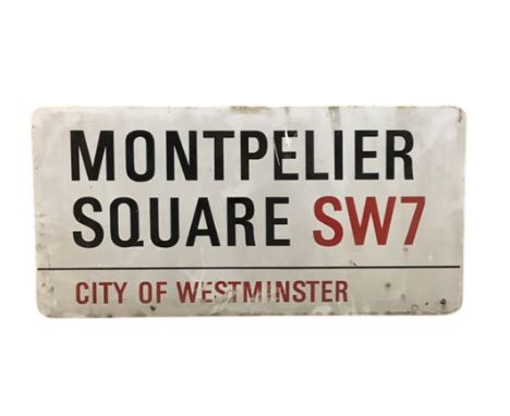 An enamelled steel street sign for Montpelier Square SW7, City of Westminster with iconic black and red sans serif lettering 