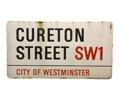 An enamelled steel street sign for Cureton Street SW1, City of Westminster with iconic black and red sans serif lettering fir
