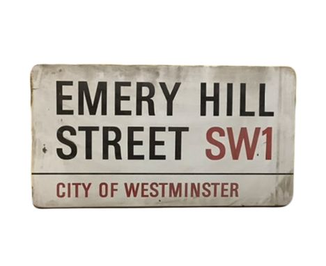 An enamelled steel street sign for Emery Hill Street SW1, City of Westminster with iconic black and red sans serif lettering 