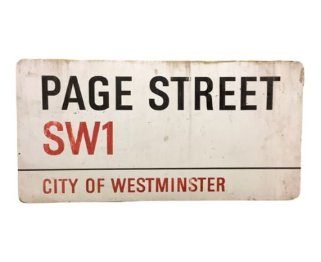 An enamelled steel street sign for Page Street SW1, City of Westminster with iconic black and red sans serif lettering first 
