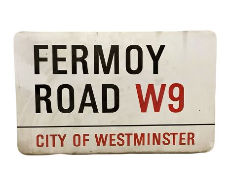 An enamelled steel street sign for Fermoy Road W9, City of Westminster with iconic black and red sans serif lettering first c