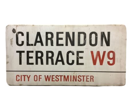 An enamelled steel street sign for Clarendon Terrace W9, City of Westminster with iconic black and red sans serif lettering f