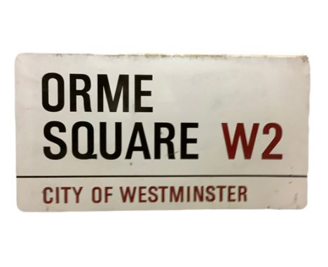 An enamelled steel street sign for Orme Street W2, City of Westminster with iconic black and red sans serif lettering first c