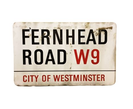 An enamelled steel street sign for Fernhead Road W9, City of Westminster with iconic black and red sans serif lettering first