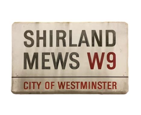 An enamelled steel street sign for Shirland Mews W9, City of Westminster with iconic black and red sans serif lettering first