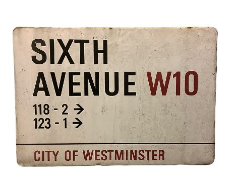 An enamelled steel street sign for Sixth Avenue W10 118-2, 123-1 City of Westminster with iconic black and red sans serif let