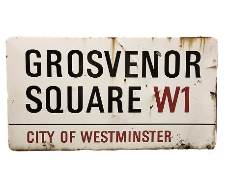 An enamelled steel street sign for Grosvenor Square W1, City of Westminster with iconic black and red sans serif lettering fi