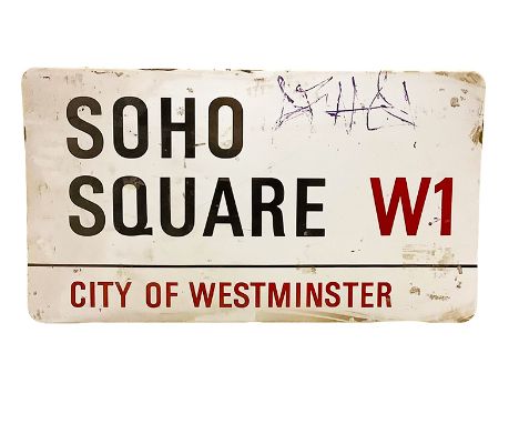 An enamelled steel street sign for Soho Square W1, City of Westminster with iconic black and red sans serif lettering first c