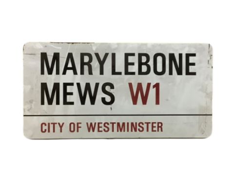 An enamelled steel street sign for Marylebone Mews W1, City of Westminster with iconic black and red sans serif lettering fir