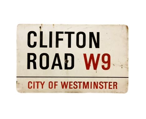 An enamelled steel street sign for Clifton Road W9, City of Westminster with iconic black and red sans serif lettering first 
