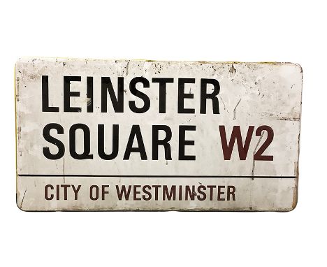 An enamelled steel street sign for Leinster Square W2 City of Westminster with iconic black and red sans serif lettering firs