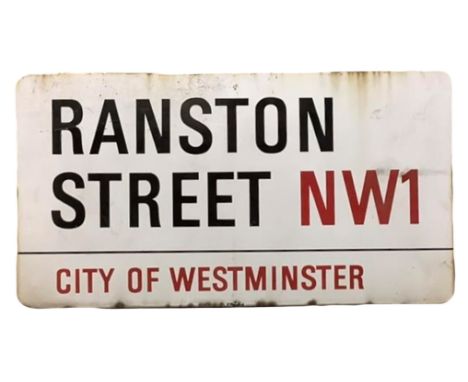 An enamelled steel street sign for Ranston Street NW1, City of Westminster with iconic black and red sans serif lettering fir