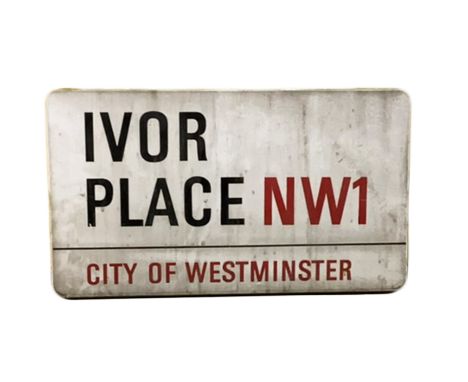 An enamelled steel street sign for Ivor Place NW1, City of Westminster with iconic black and red sans serif lettering first c