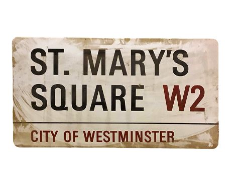 An enamelled steel street sign for St. Mary's Square W2, City of Westminster with iconic black and red sans serif lettering f