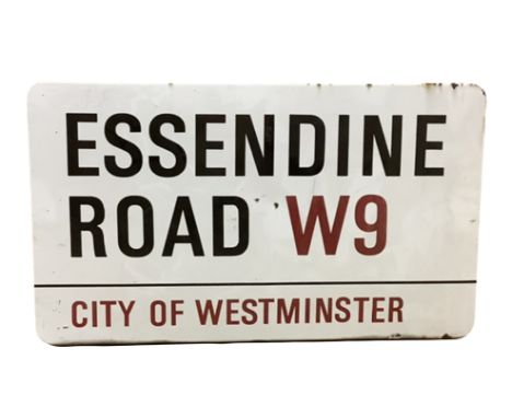 An enamelled steel street sign for Essendine Road W9 City of Westminster with iconic black and red sans serif lettering first