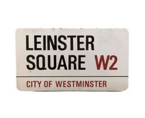 An enamelled steel street sign for Leinster Square W2, City of Westminster with iconic black and red sans serif lettering fir
