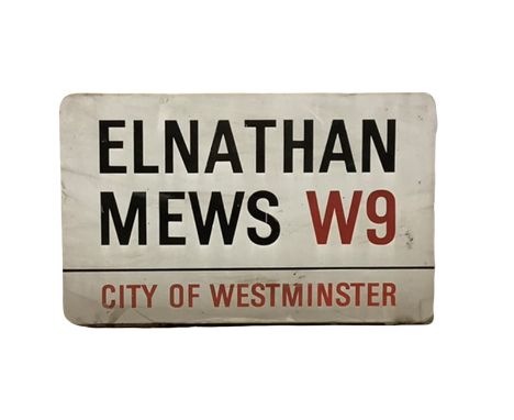 An enamelled steel street sign for Elnathan Mews W9, City of Westminster with iconic black and red sans serif lettering first