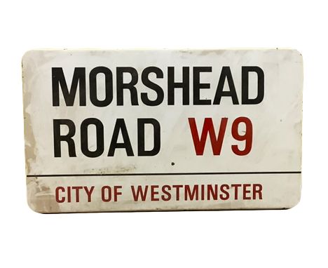 An enamelled steel street sign for Moreshead Road W9, City of Westminster with iconic black and red sans serif lettering firs