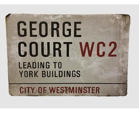 An enamelled steel street sign for George Court leading to York Building,  City of Westminster with iconic black and red sans