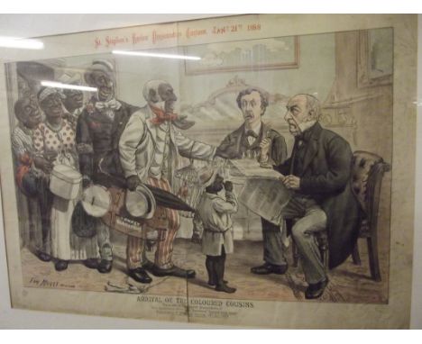 Early framed print, titled "Arrival of the coloured cousins"
