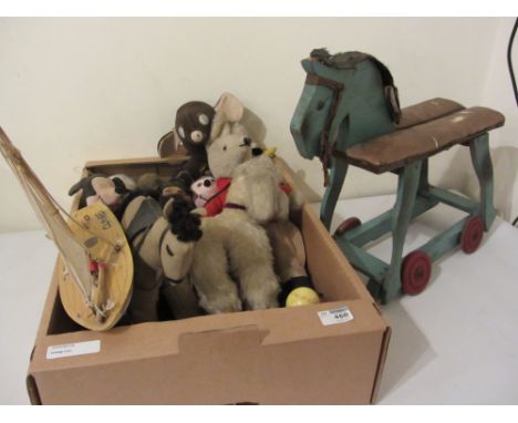 Vintage hobby horse, pull along horse, wooden sailing boat and other soft toys Condition Report Click here for further images