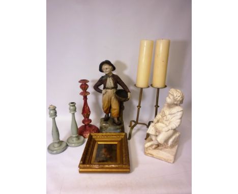 Early 20th Century plaster figure of the Pears advertising 'Bubbles' with small Pears print, Dutch figure and five candlestic