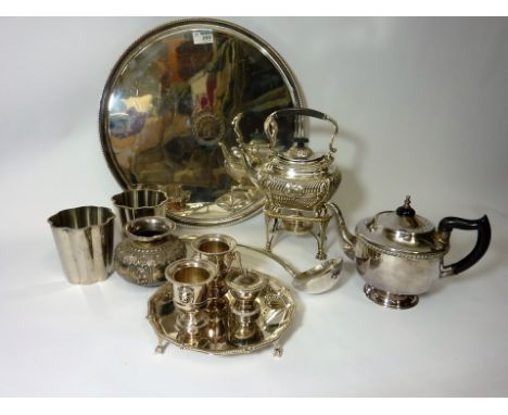 Edwardian silver-plated gypsy kettle on stand, large circular tray, heavy silver-plated ladle and other silver-platedware Con