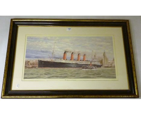 'The Lusitania at Liverpool', Simon W Fisher limited edition colour print signed and numbered 177/850 in pencil 37cm x 70cm C