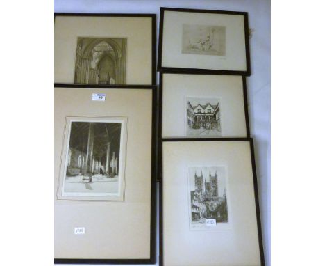 'The Guilhall York', early 20th century etching signed and titled by Charles A Barker 23cm x 16cm and four other etchings/pri