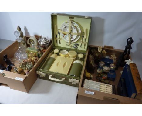 Brexton vintage picnic set complete, sliver plated tankard, clocks, carved sculptures, cutlery and miscellanea in two boxes  