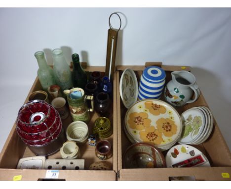 Denby and other stoneware pottery,lamp, Royal Doulton jug, brass caramel thermometer, old glass bottles and kitchenalia in tw