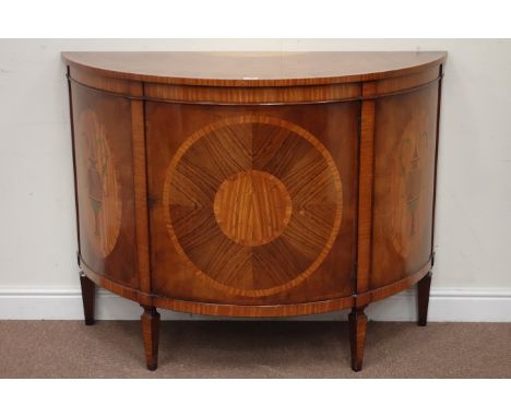 Quality inlaid rosewood and walnut demi-lune commode cabinet, sand etched fan motif in satin wood, classical urns in yew wood