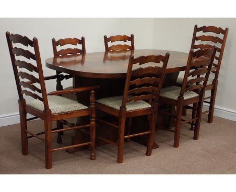 Elm curved end dining table (168cm x 101cm, H79cm), with set six (4+2) ladder back dining chairs with upholstered drop in sea