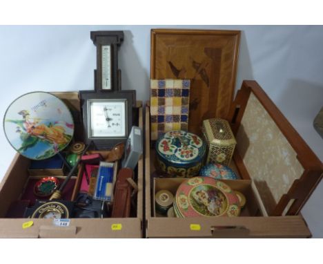 Oak Barometer, oak Art Deco periods serving tray, Vintage cameras, Singer sewing machine and miscellanea in two boxes  Condit