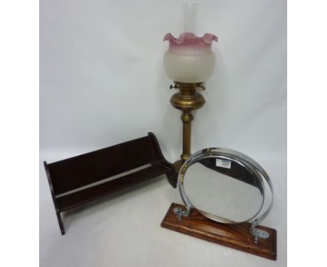 Early 20th Century brass oil lamp, chromium plate dinner gong on an oak base and an oak book trough  Condition Report Click h