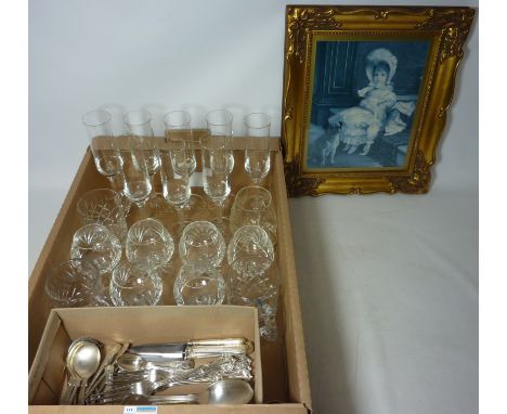 Champagne glasses, cut crystal glasses, brandy glasses, silver plated cutlery and print in ornate frame  Condition Report Cli