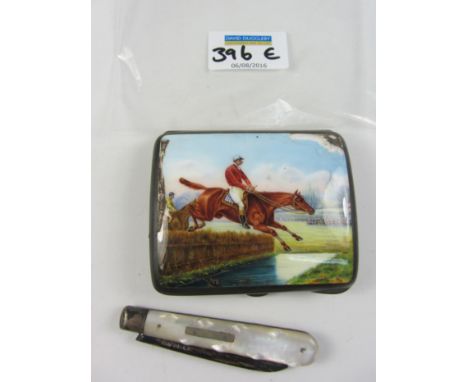 Silver cigarette case enamel horse racing scene by Henrich Levinger import marks Birmingham 1902 and a mother of pearl fruit 