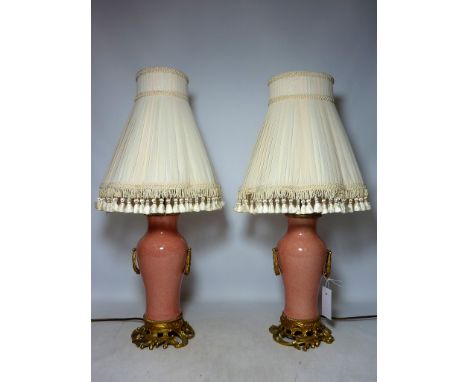 Pair pink ceramic and gilt metal table lamps with shades, H58cm (This item is PAT tested - 5 day warranty from date of sale) 