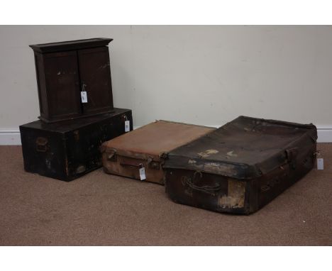 Vintage large leather suitcase, another suitcase, wooden trunk with carry handles and a small 19th century cabinet Condition 