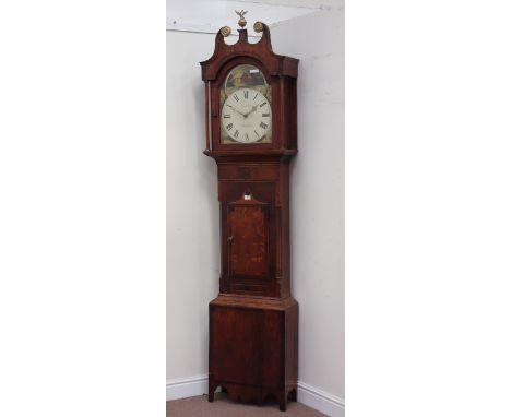 Early 19th century oak and mahogany longcase clock with 30 hour movement with painted village scene dial signed Turnbull, Sto