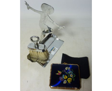 Art Deco crumb tray with figure and a enamel case with floral pattern and cover  Condition Report Click here for further imag