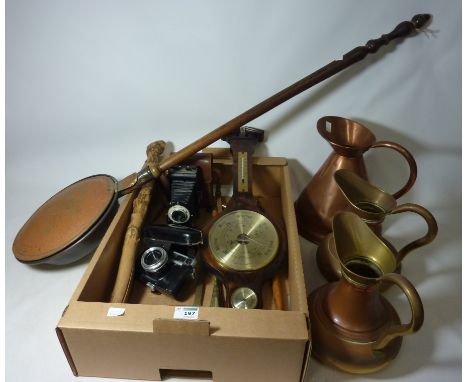 Copper jugs, Vintage cameras, brassware and miscellanea in one box  Condition Report Click here for further images, condition