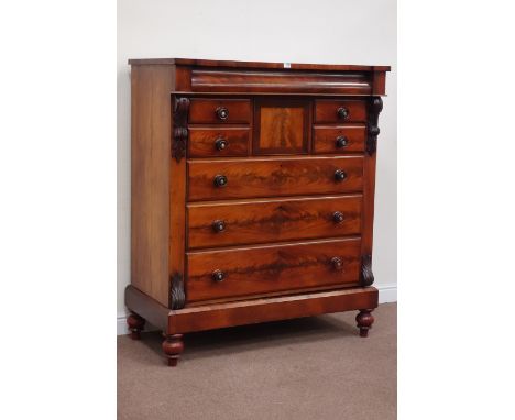 Victorian mahogany and figure mahogany large Scotch chest fitted with seven drawers, W127cm, H149cm, D58cm  Condition Report 