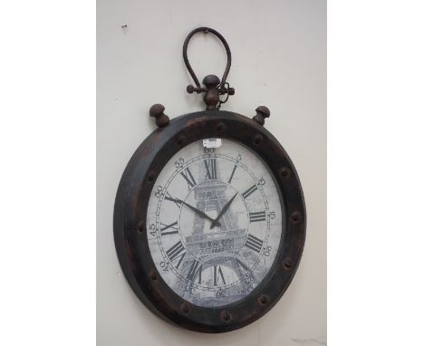 Rustic metal wall hanging clock with Eiffel Tower print face Condition Report Click here for further images, condition, aucti