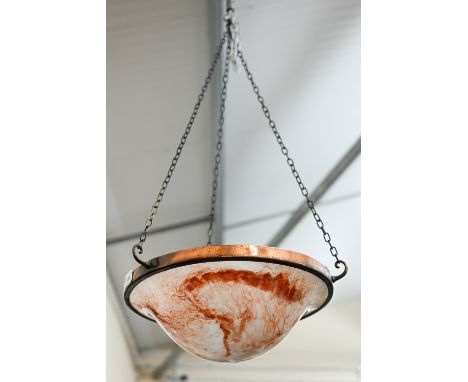 A vintage copper-plated ceiling lightshade with marbled glass bowl, 37 cm diam 