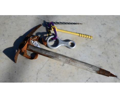 Vintage Premana snow/ice axe to/w caribina clips and two pitons 