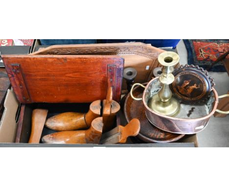 A pair of spiral-turned oak candlesticks and comport, a brass candlestick, copper pan, pair of shoe-stretchers, stained pine 