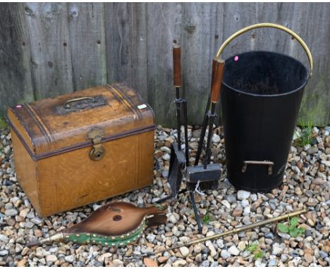 Vintage 'Jones Brothers' metal ditty box to/w coal bucket and various fire tools 