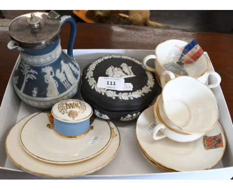 A part set of Goss crested china tea wares to/w a Wedgwood Jasper hot water jug with ep cover and a black Jasper box and cove