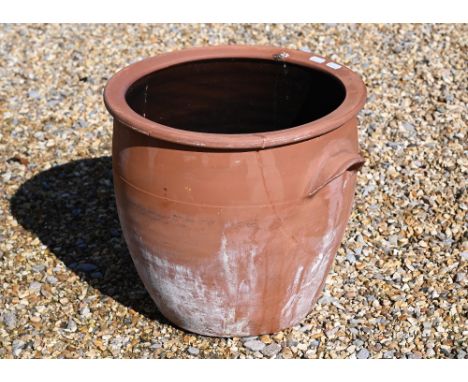 A terracotta twin-handled garden planter with black-glazed interior, 34 cm diam x 32 cm high 